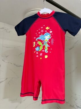 Ariella Red One-Piece Swim Suit with Navy Sleeves and Mermaid Print
